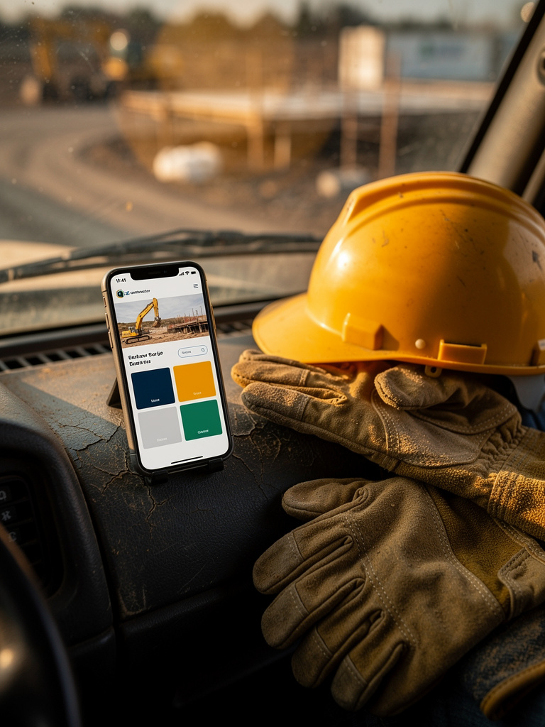 Contractor website shown on a phone propped on a work truck dashboard next to a hard hat and gloves